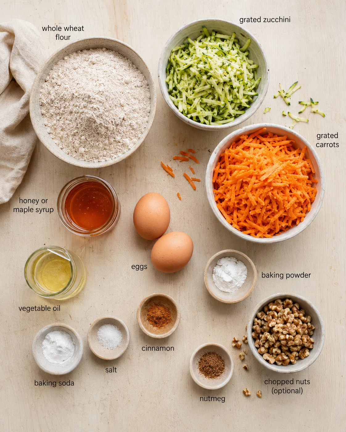 Top-down view of bowls with grated zucchini and carrots among flours and spices.