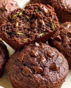 Close-up of dark chocolate muffins, cut open to reveal a moist crumb with zucchini shreds and chips.