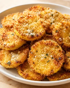 golden-brown breadcrumbed polenta rounds on a white plate, sprinkled with parmesan and herbs.