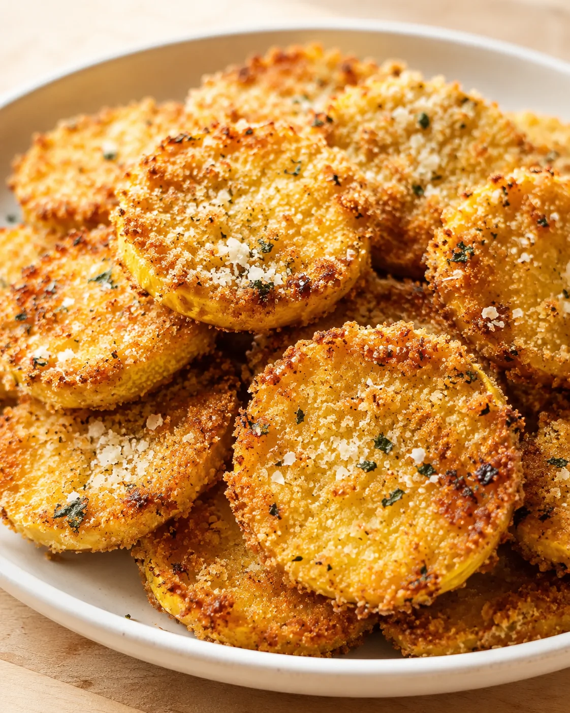 golden-brown breadcrumbed polenta rounds on a white plate, sprinkled with parmesan and herbs.