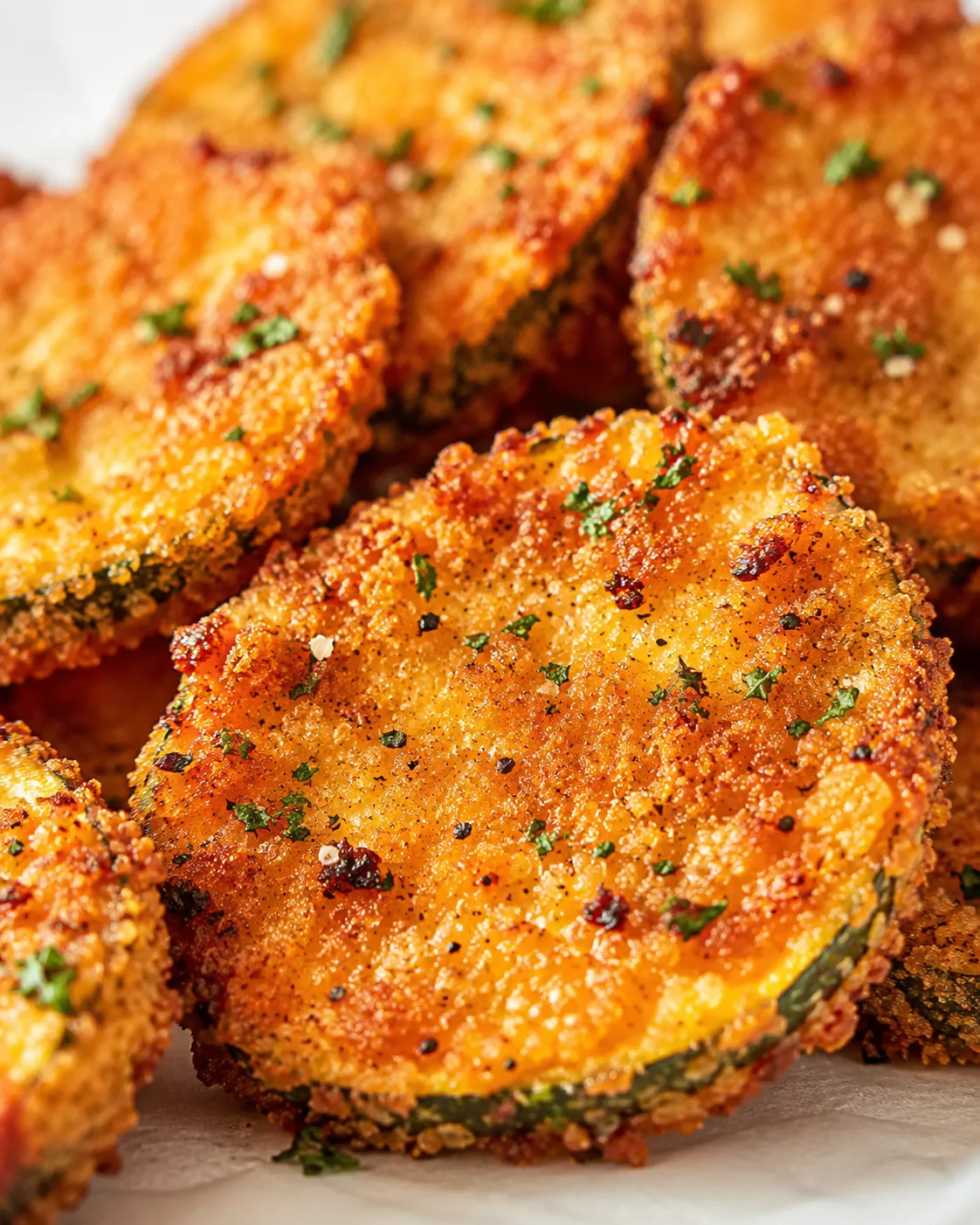 Golden crispy breadcrumb-coated sweet potato rounds stacked on a white surface, garnished with parsley