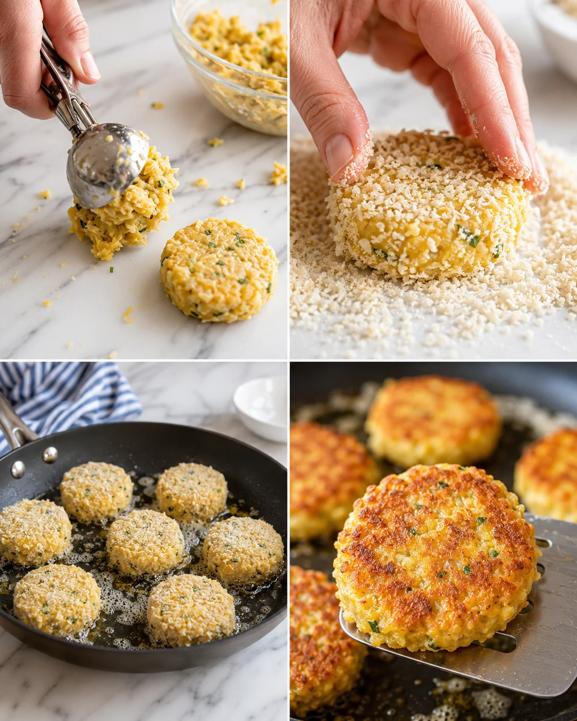 Hands shaping crumb-coated cheesy herb croquettes on a marble countertop; coating, frying, and a browned finished croquette show the process.