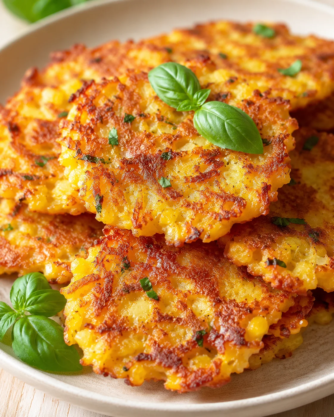 Golden-brown corn and potato fritters with basil garnish on a light plate