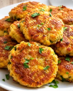 Plate of crispy golden crab cakes garnished with chopped parsley on a white dish.