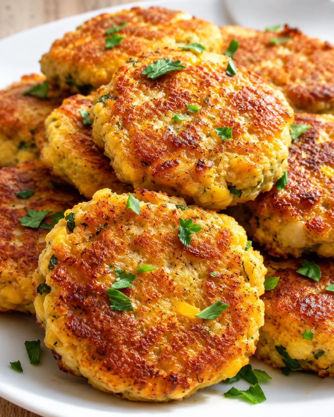 Plate of crispy golden crab cakes garnished with chopped parsley on a white dish.