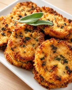 Golden-brown herb-crusted croquettes on a white plate, topped with a sage leaf
