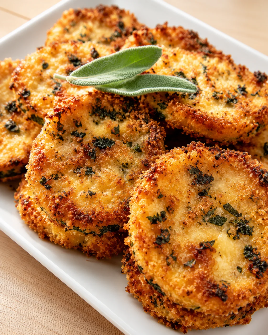 Golden-brown herb-crusted croquettes on a white plate, topped with a sage leaf