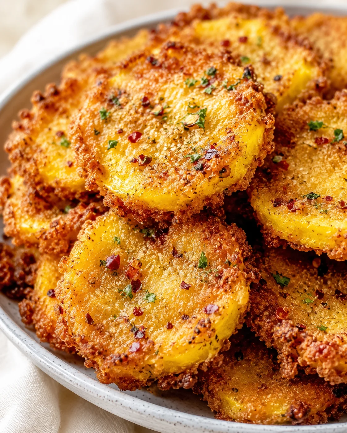 Close-up of golden-brown breadcrumb-crusted potato coins garnished with parsley and red pepper flakes in a shallow dish.