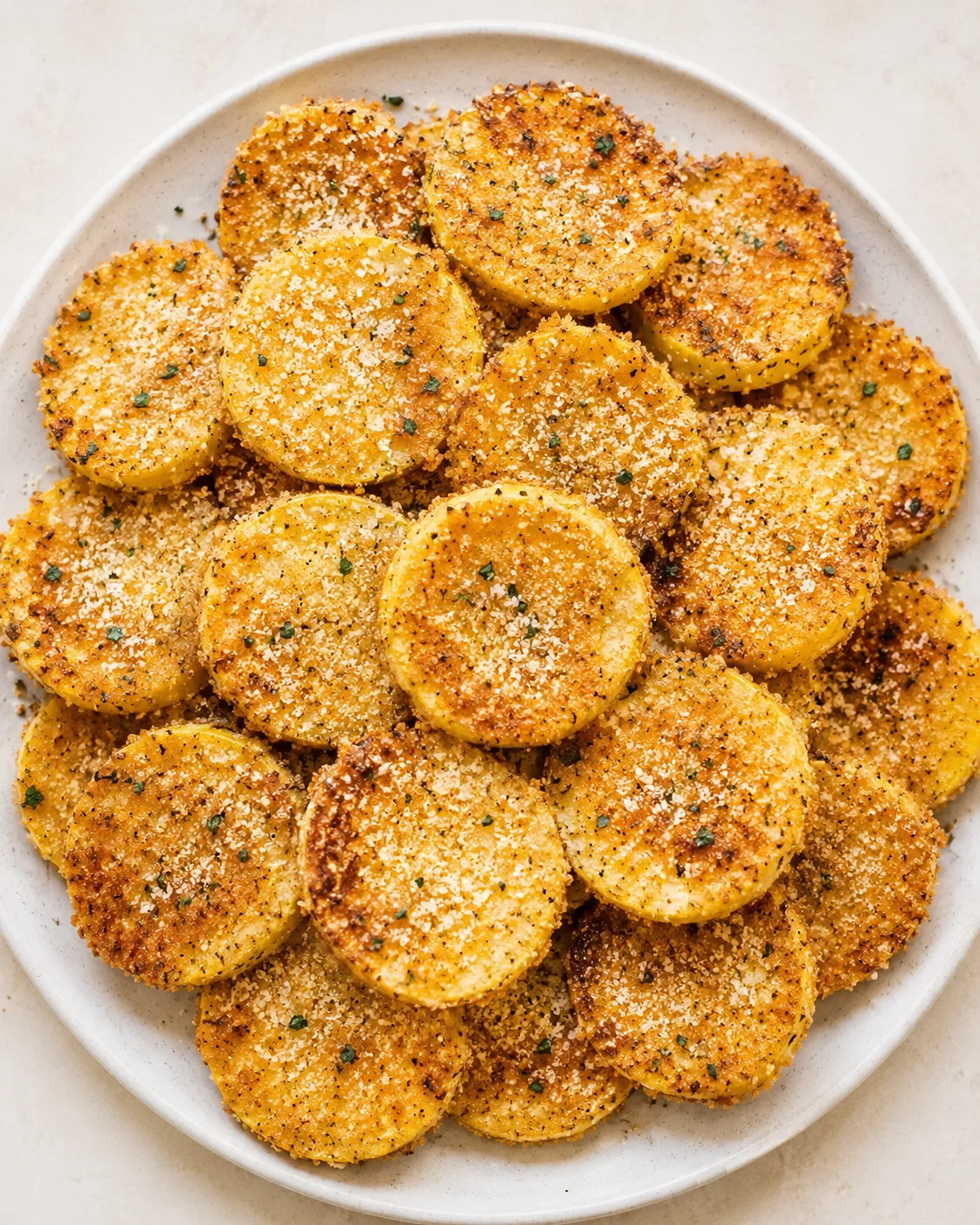 Golden-brown crispy potato rounds on a plate, topped with parmesan and parsley