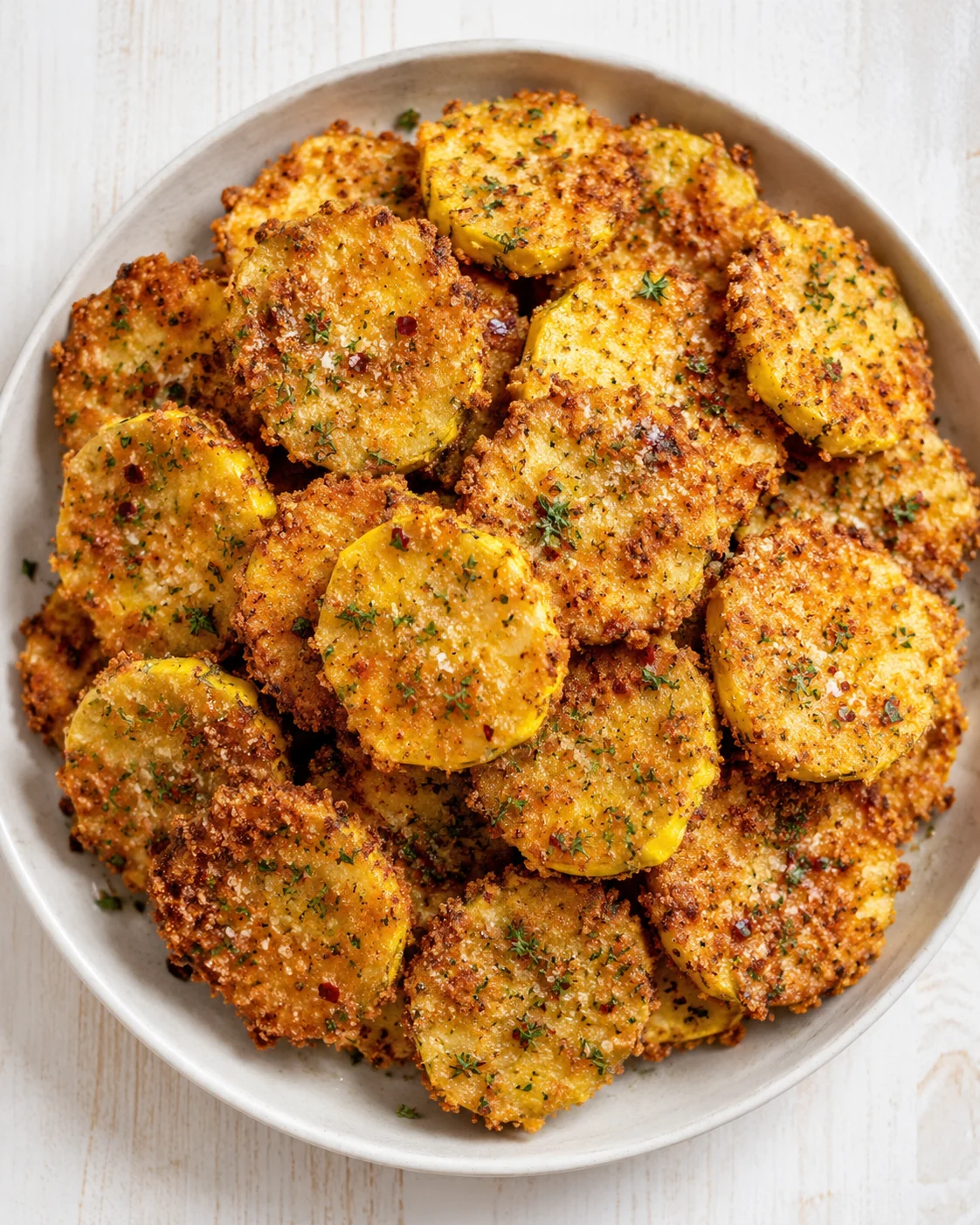 Crispy golden-brown parmesan potato rounds piled on a white plate, sprinkled with herbs.