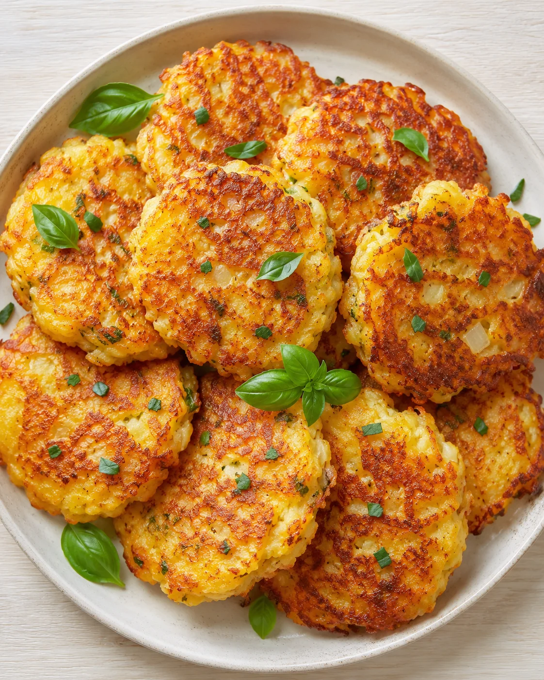 Golden-brown crispy potato cakes garnished with fresh basil leaves on a light ceramic plate.