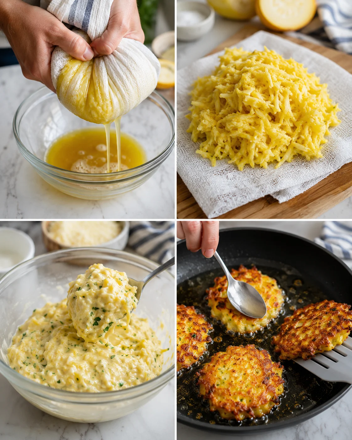 Four-panel collage showing wringing moisture from potatoes, shredded potatoes, a creamy potato mixture, and pan-fried potato cakes.