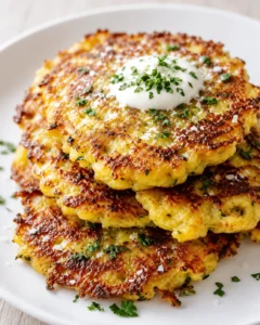 Stack of crispy potato pancakes with a dollop of sour cream and chopped parsley on top