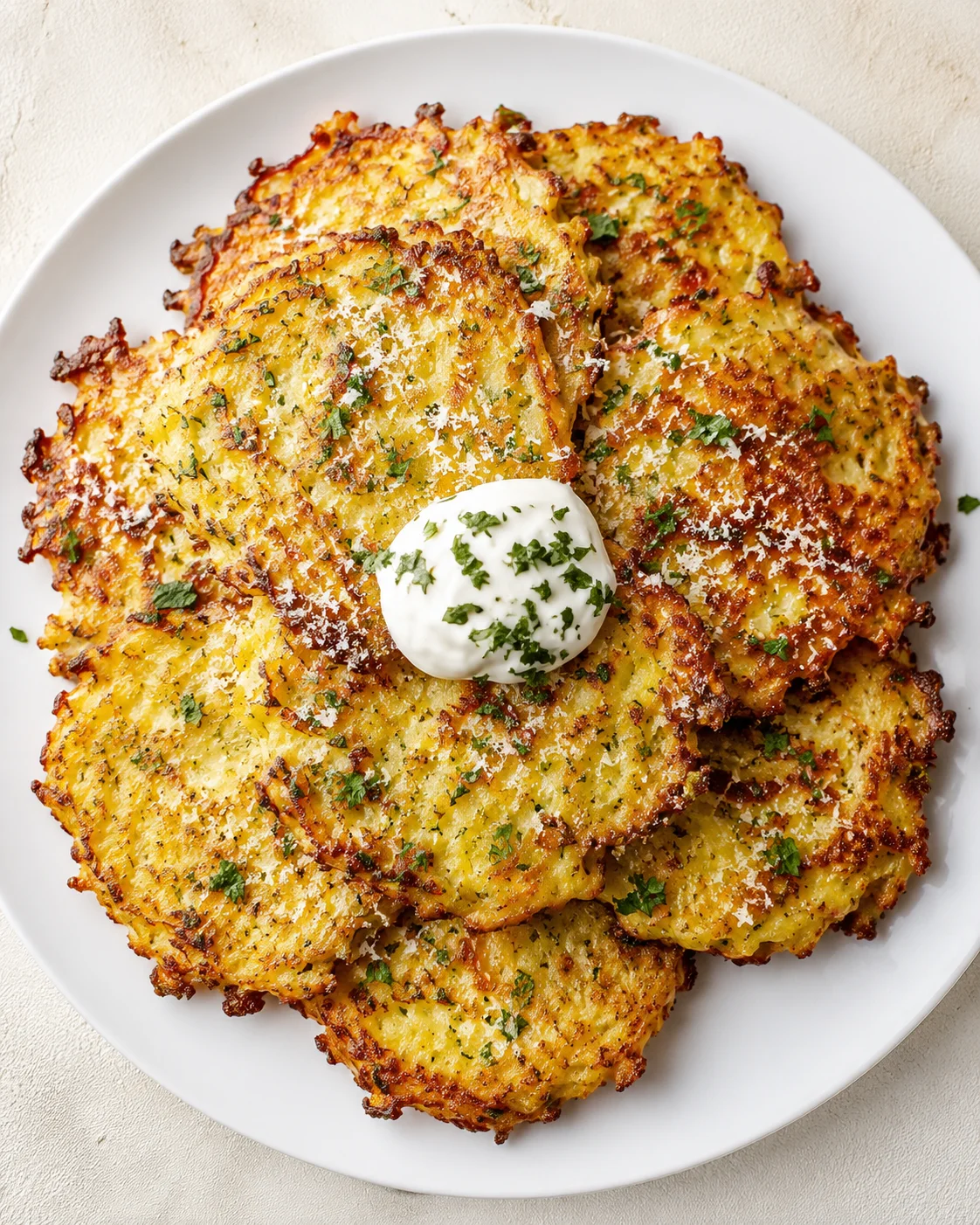 Golden potato pancakes on a white plate, topped with sour cream and chopped parsley.