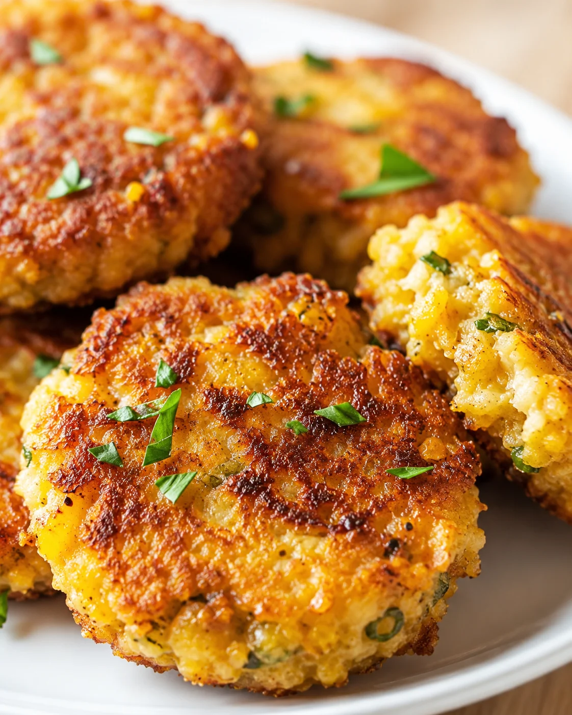 Close-up of crispy golden potato patties with chopped parsley on a white plate.