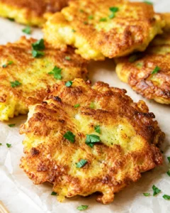 Golden-brown potato patties with crisp edges on parchment, sprinkled with chopped parsley.