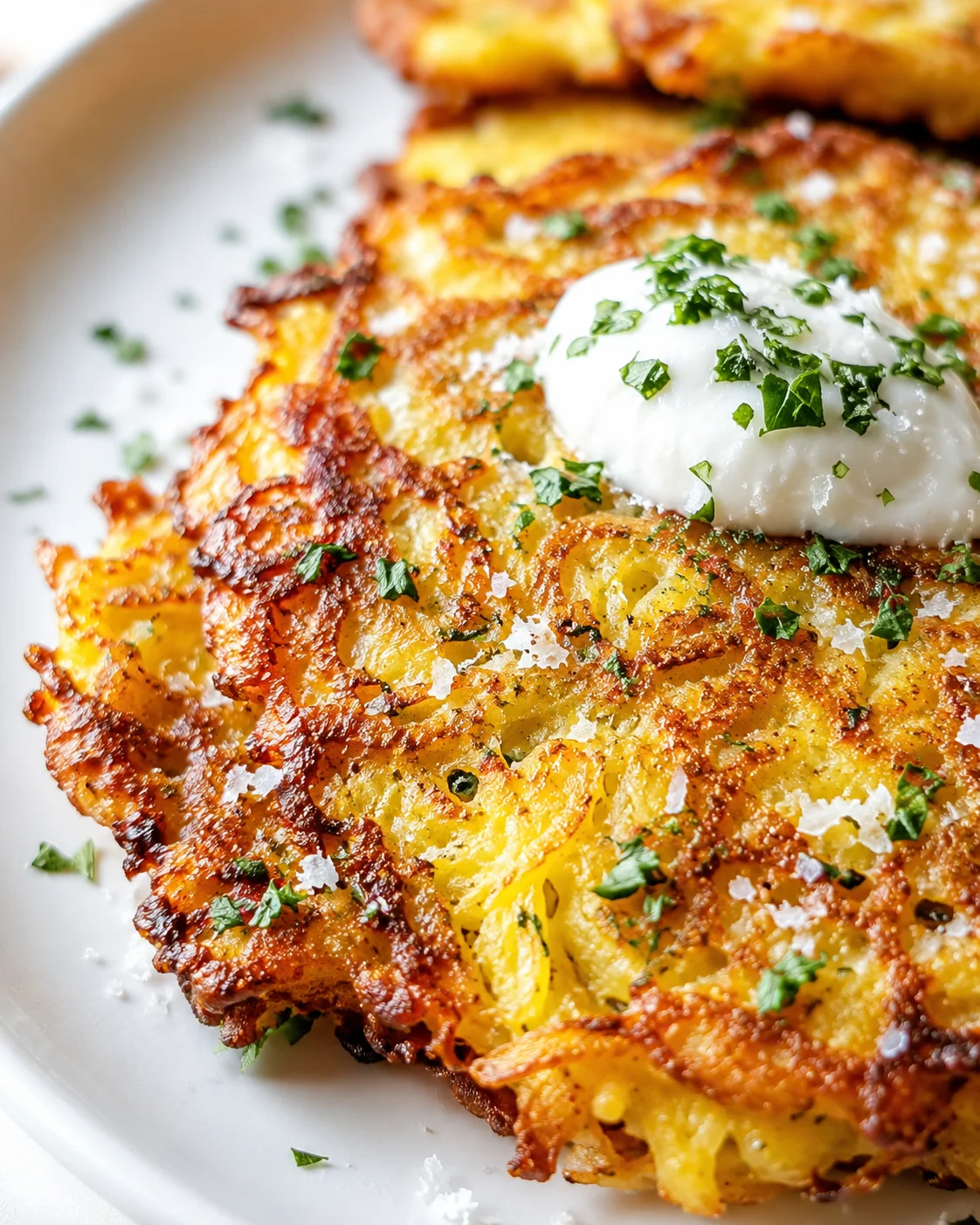 Golden crispy potato rösti with sour cream and parsley on a white plate