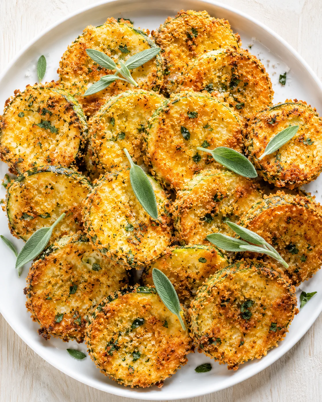 White plate of crispy breadcrumb-coated zucchini rounds garnished with sage leaves