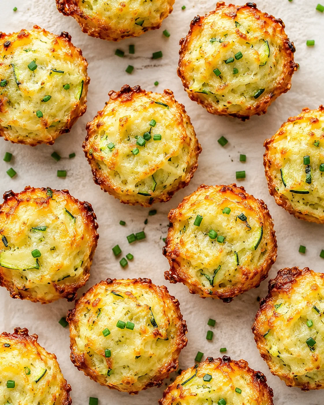 Golden-brown cheese bites with zucchini and chives on parchment