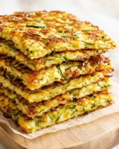 Stack of golden-brown zucchini fritters on parchment atop a wooden board