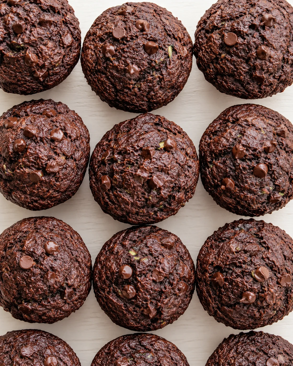 grid of dark chocolate muffins with chips on a light wooden surface