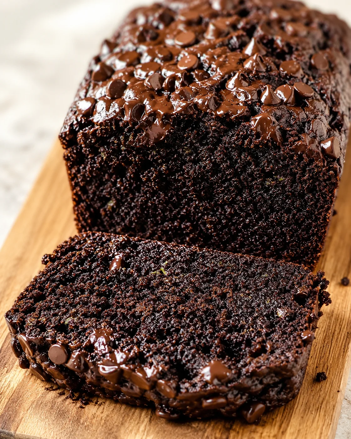 Close-up view of a glossy chocolate loaf with chocolate chips on top, sliced on a wooden board.