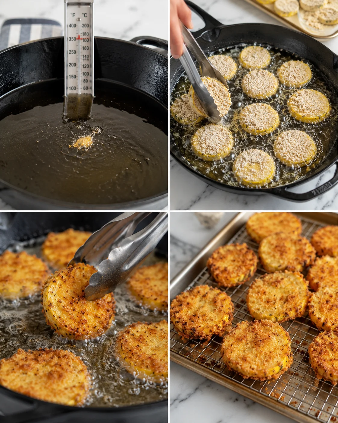 Four-panel collage showing sesame-crusted croquettes frying and resting on a rack.