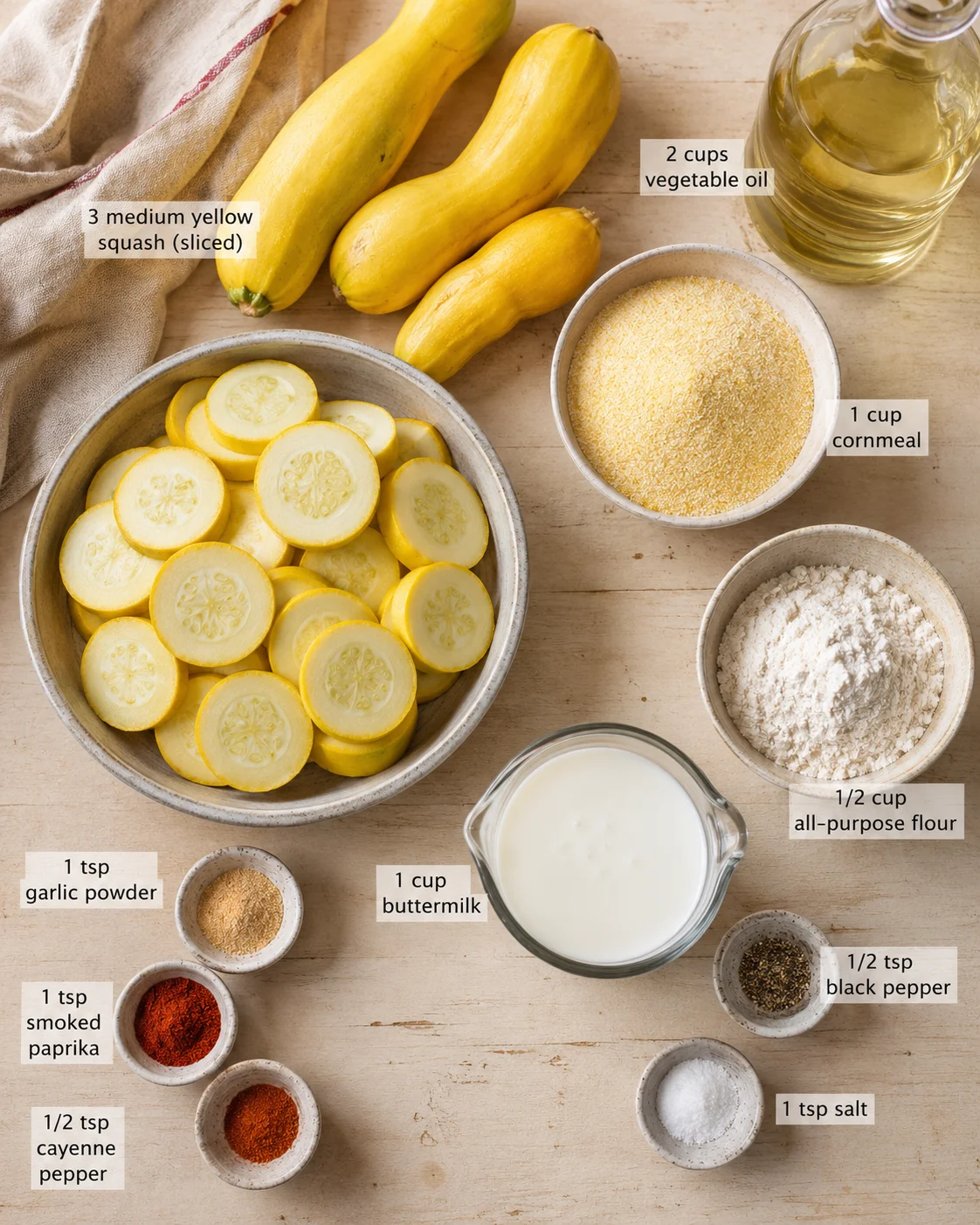 Top-down view of sliced yellow squash with oil, cornmeal, flour, dairy, and spices on a wooden surface.