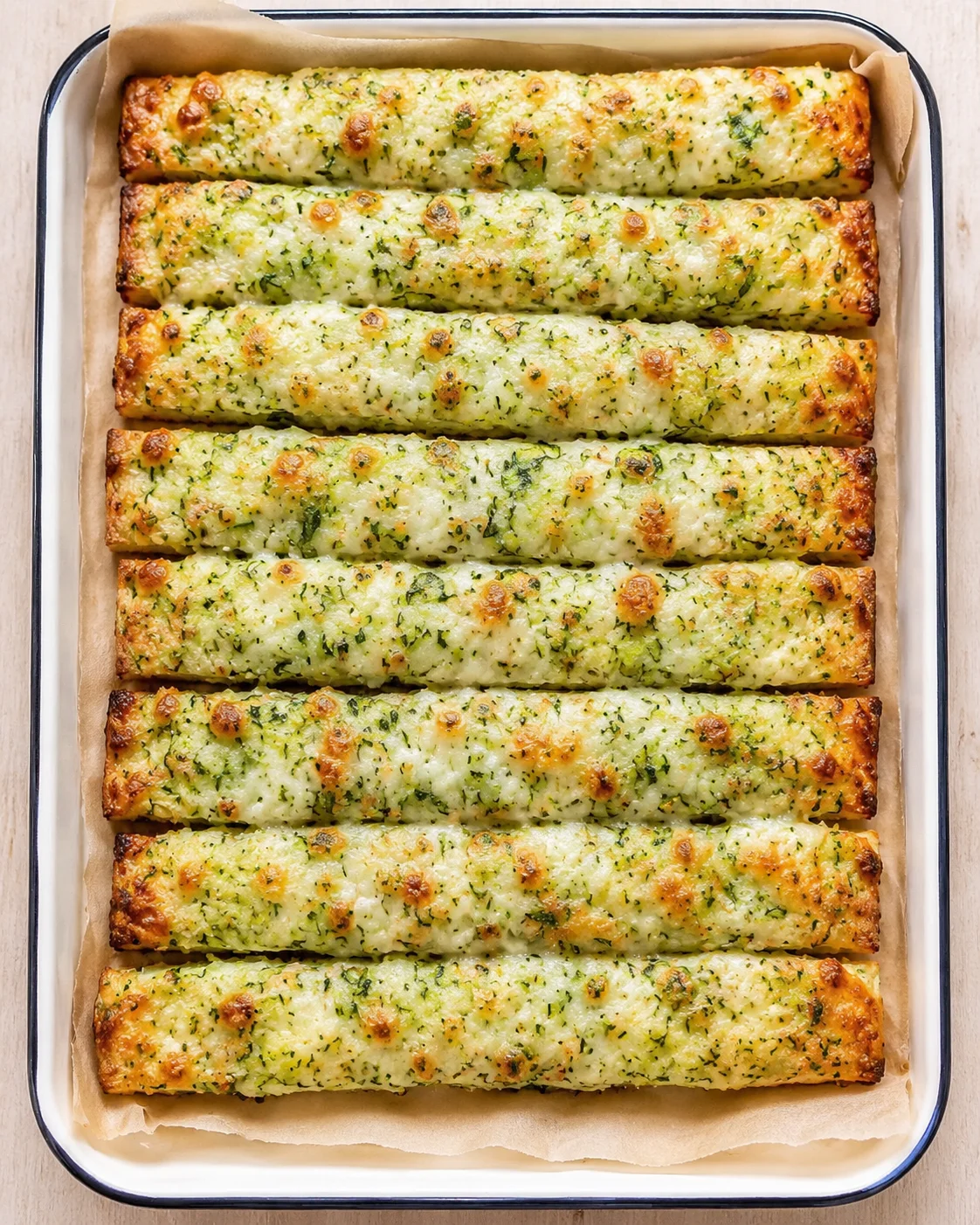 tray of golden garlic-herb cheese bread logs neatly lined in parchment-lined baking dish