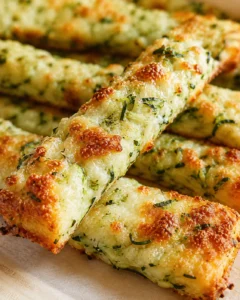 Golden-brown cheesy garlic breadsticks with herbs on a wooden board.