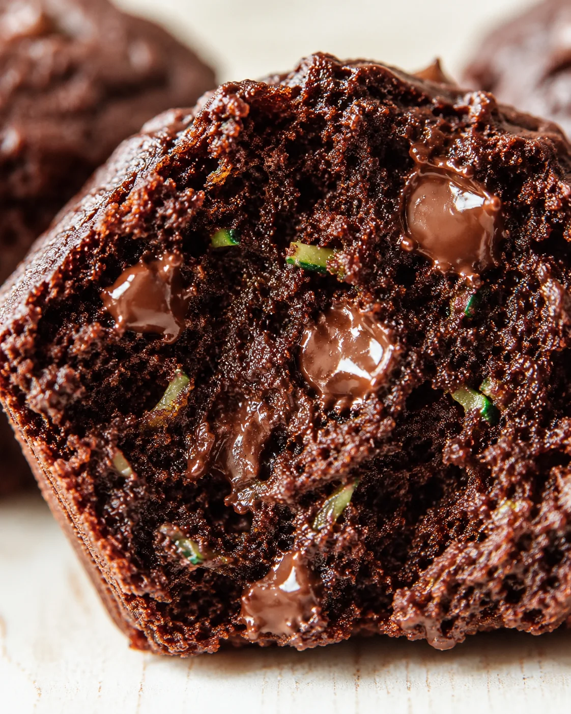 Close-up of a fudgy, dark chocolate brownie slice with melted chips and green pistachio bits.
