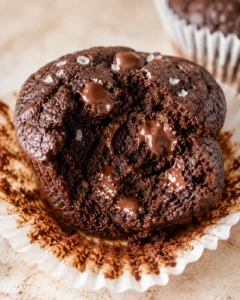 close-up of a gooey molten chocolate muffin in a white liner with sea salt