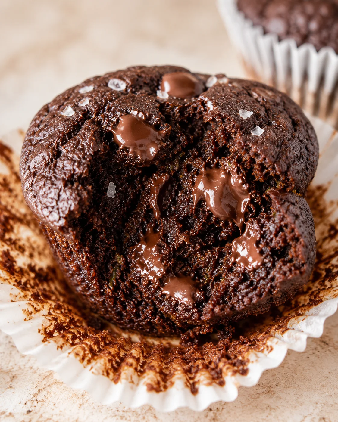 close-up of a gooey molten chocolate muffin in a white liner with sea salt