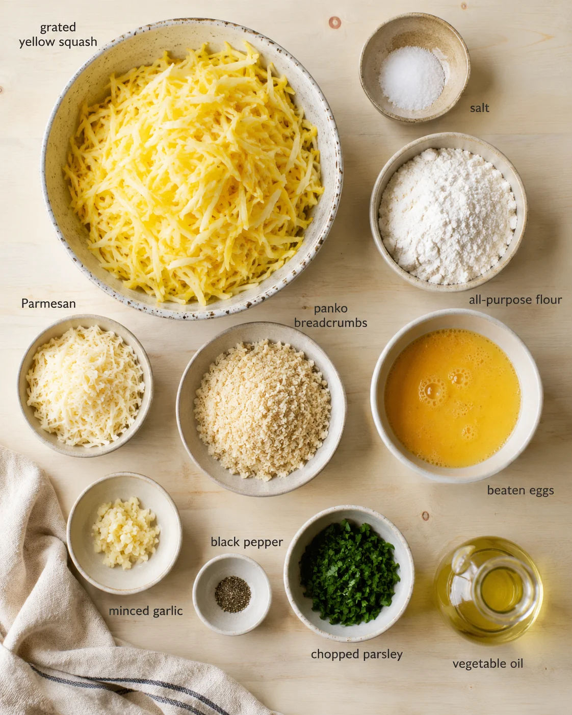 top-down view of ingredients arranged in bowls around a grated yellow squash mixture on a wooden surface