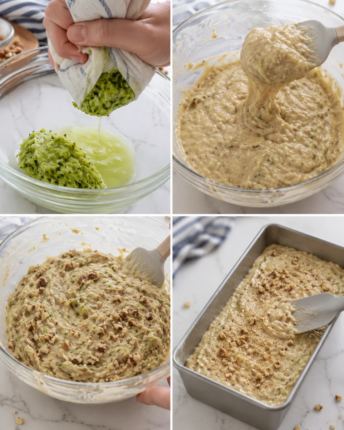 Step-by-step collage showing spinach greens squeezed, batter mixed, walnuts added, batter in loaf pan