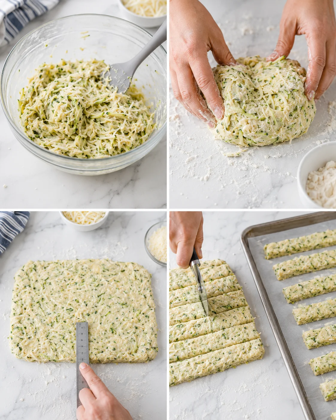 collage showing herb cheese dough being mixed, kneaded, rolled, and cut on a white marble counter