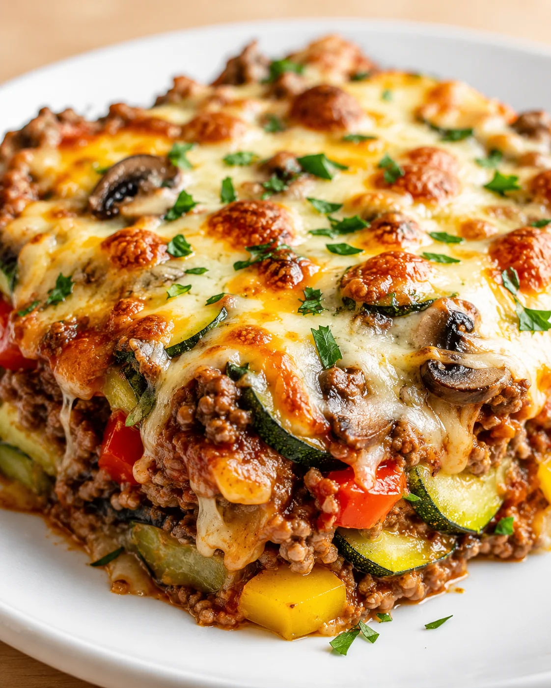 close-up of a baked lasagna with melted cheese, mushrooms, zucchini, peppers, and parsley