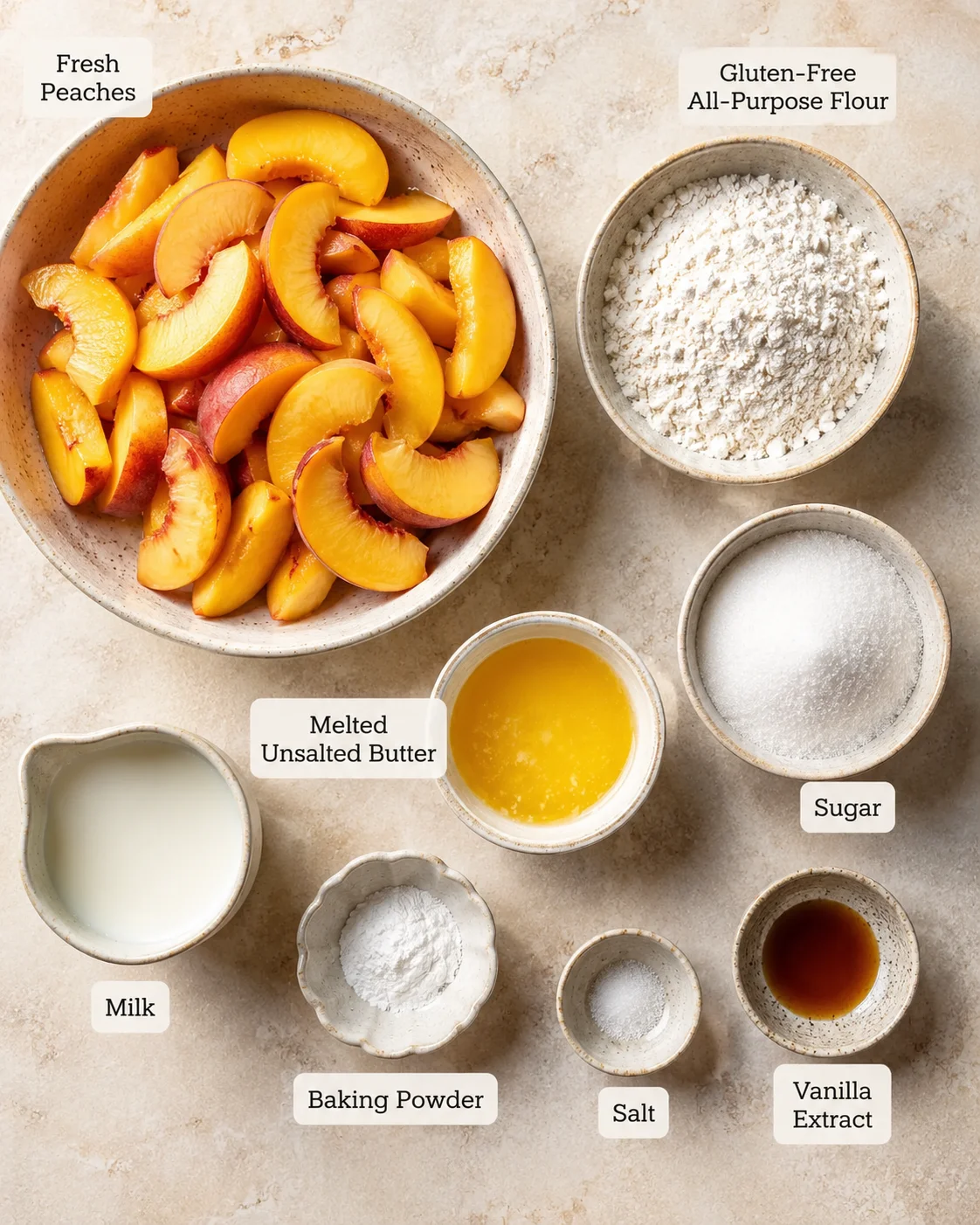Fresh peaches and baking ingredients ready for peach cobbler.