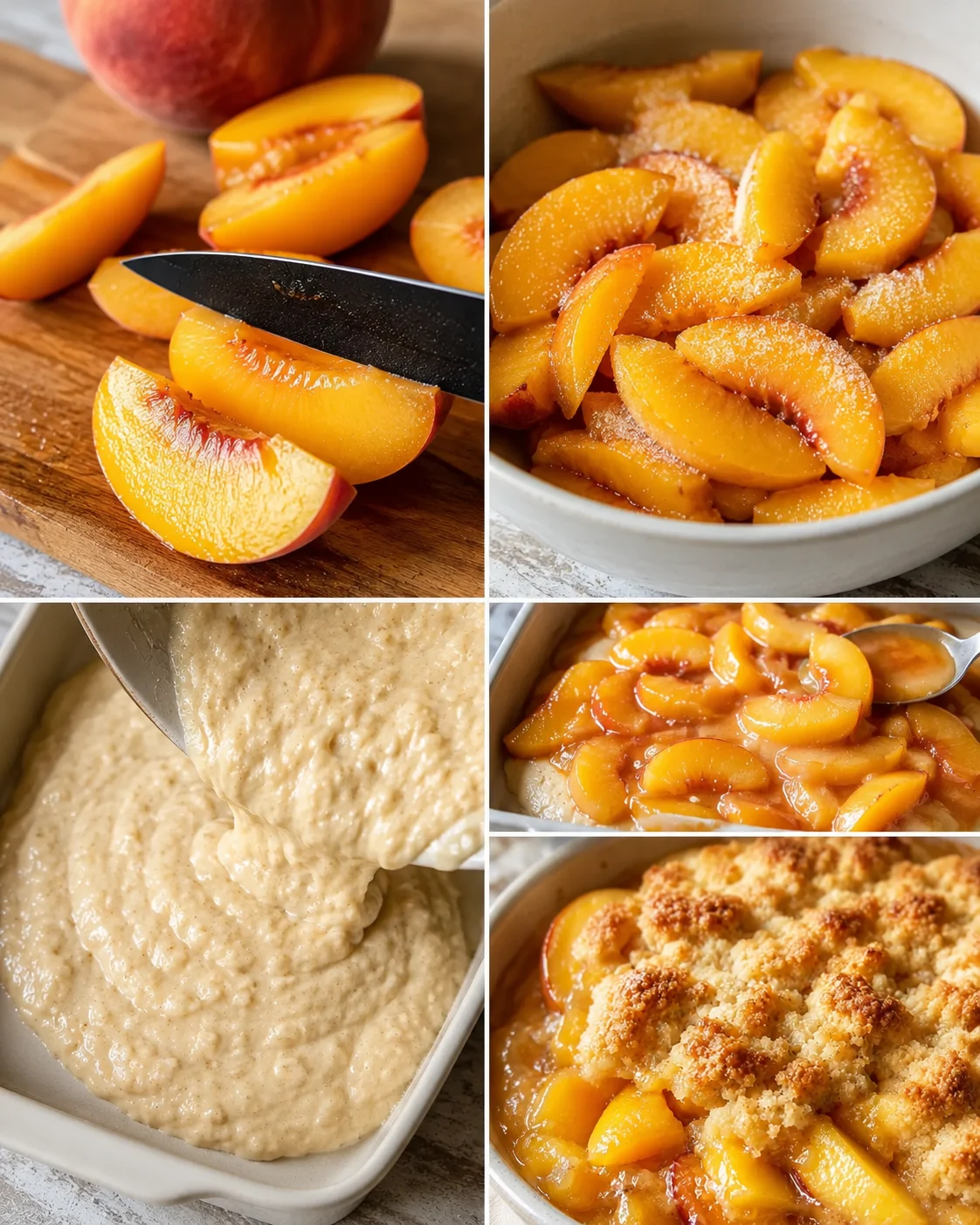 Fresh peaches being sliced and baked into a golden gluten-free cobbler with crumb topping.