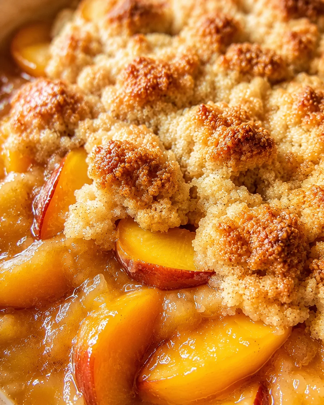 Close-up of a warm peach cobbler with golden crust and juicy peaches