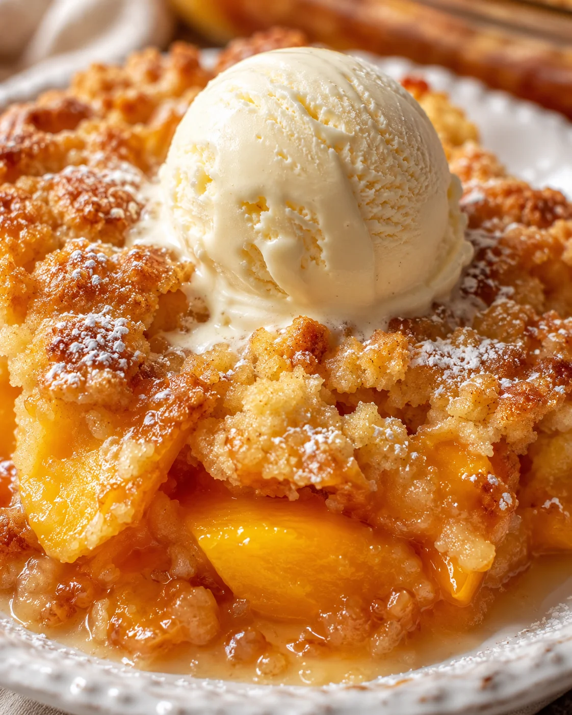 A warm peach cobbler topped with a scoop of vanilla ice cream.
