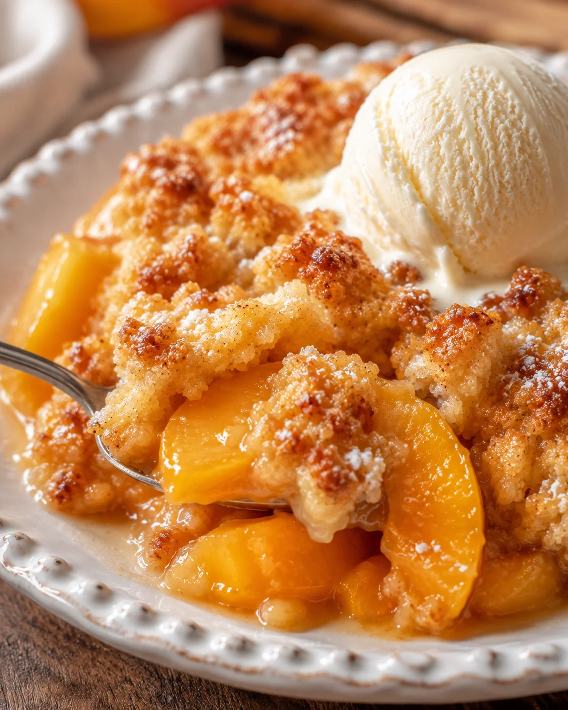 Delicious peach cobbler with canned peaches and a scoop of vanilla ice cream