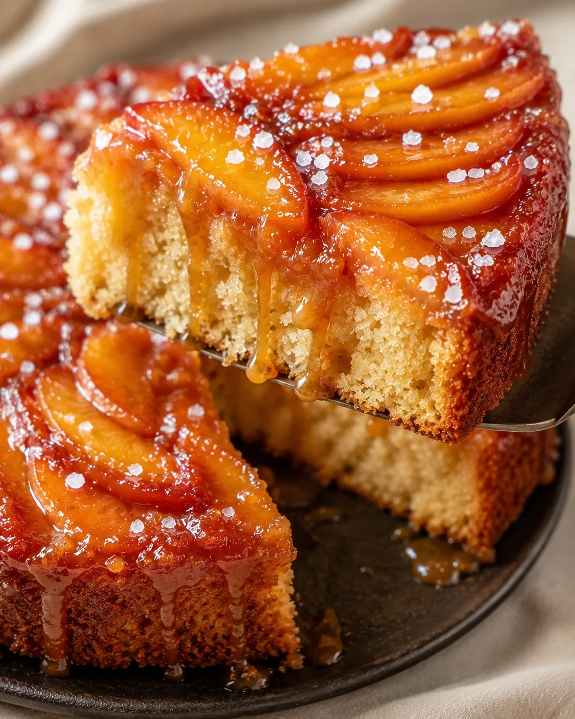 Delicious peach upside-down cake with salted caramel topping on a dark plate.