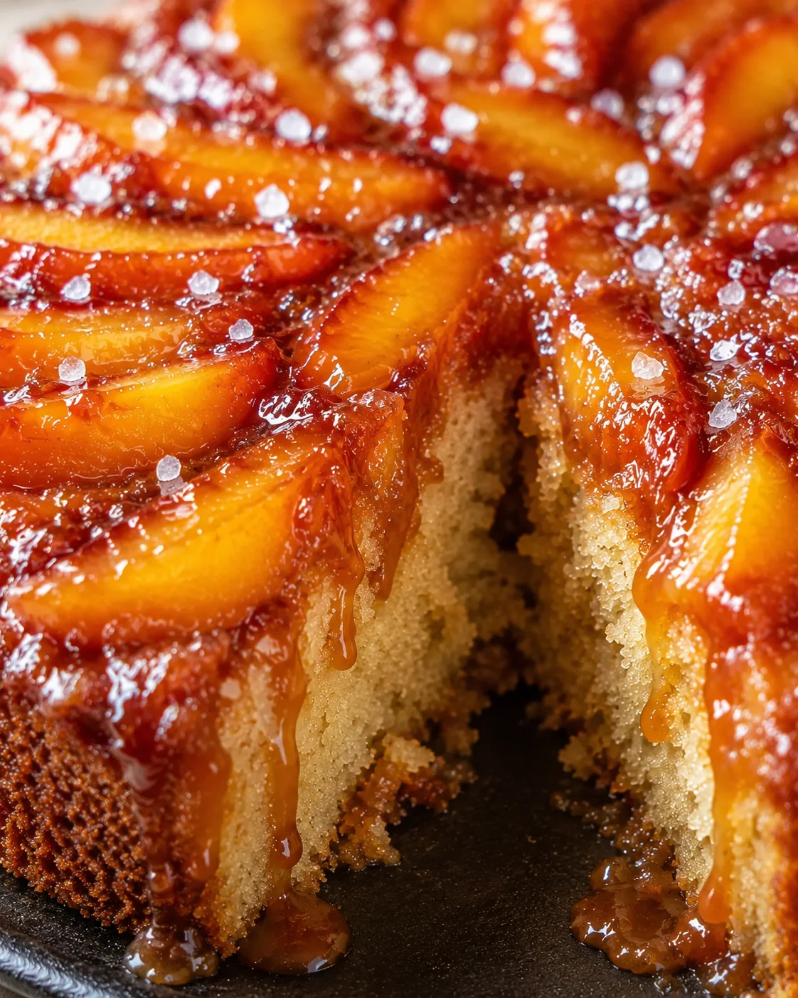 Close-up of caramelized peach slices topped with salted caramel on a skillet cake
