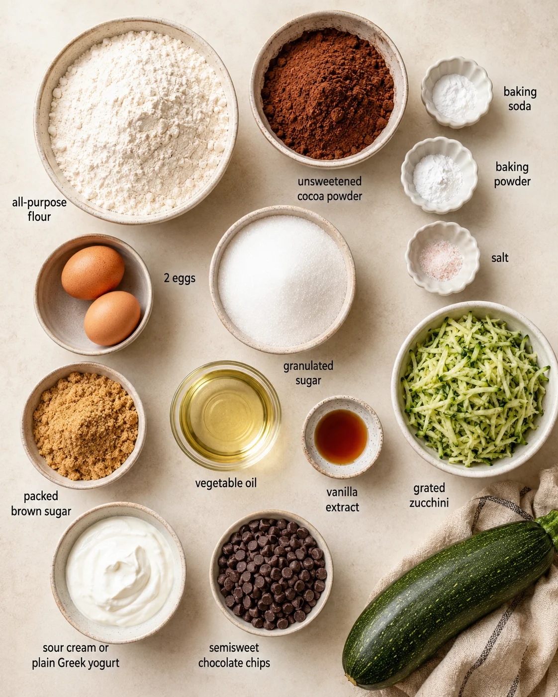 Ingredients for moist chocolate zucchini bread including flour, cocoa, zucchini, and chocolate chips.