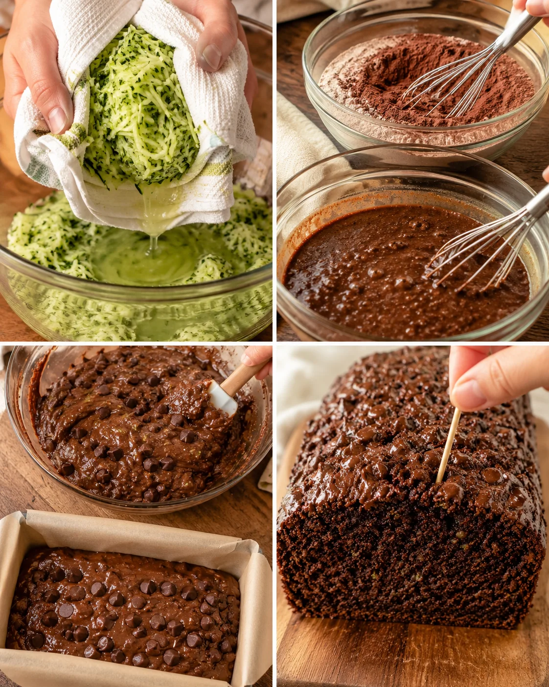 Step-by-step process of mixing ingredients for moist chocolate zucchini bread.