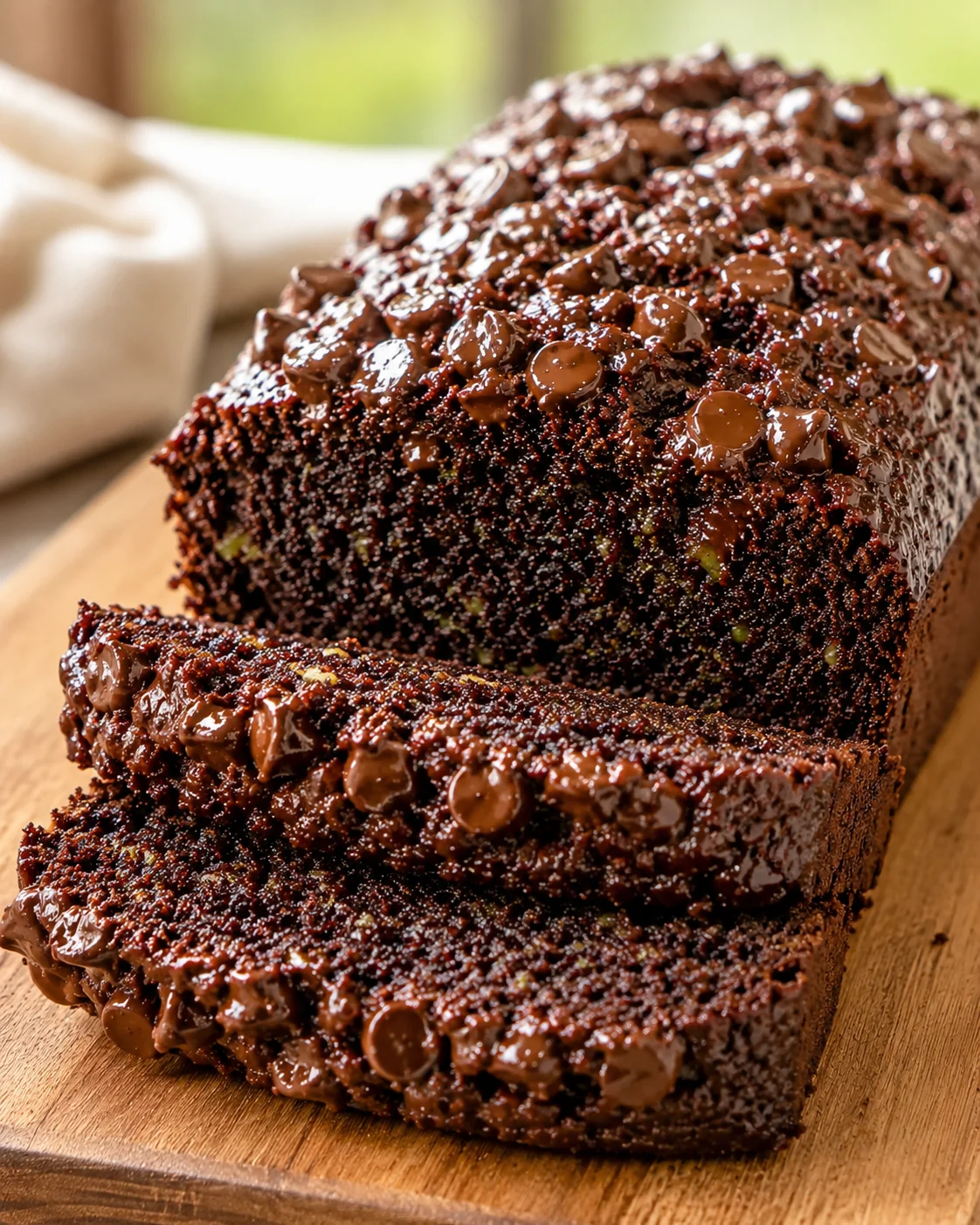 Decadent double chocolate zucchini bread topped with chocolate chips on a wooden board