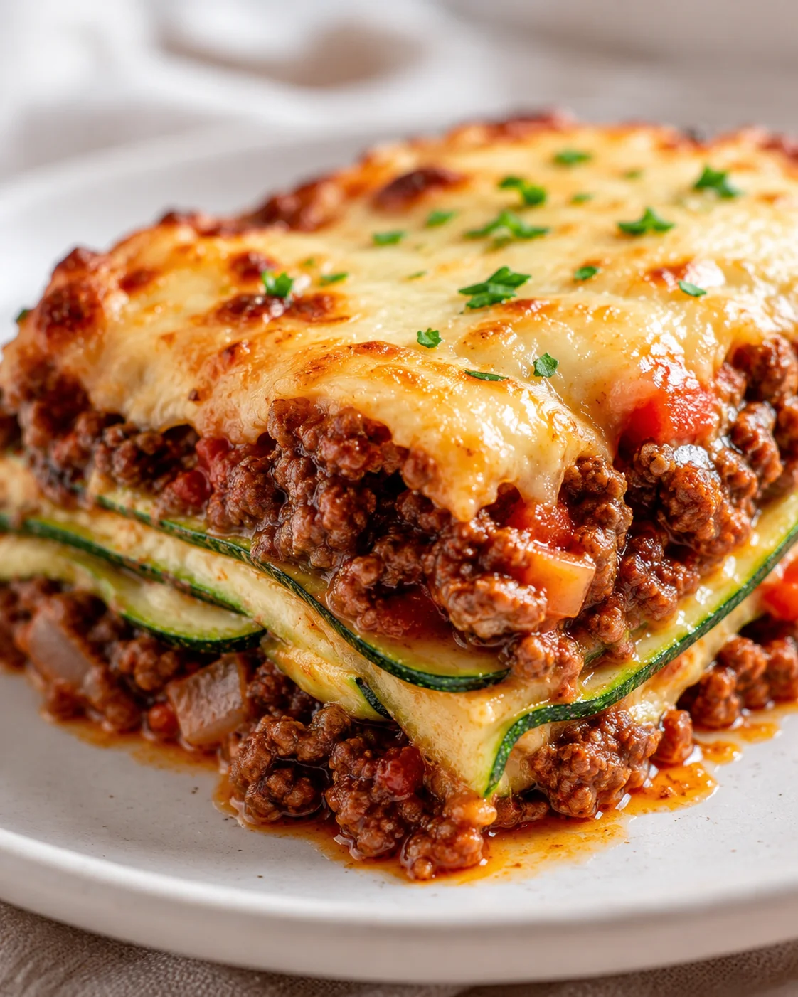 Delicious baked zucchini and ground beef casserole topped with melted cheese and herbs