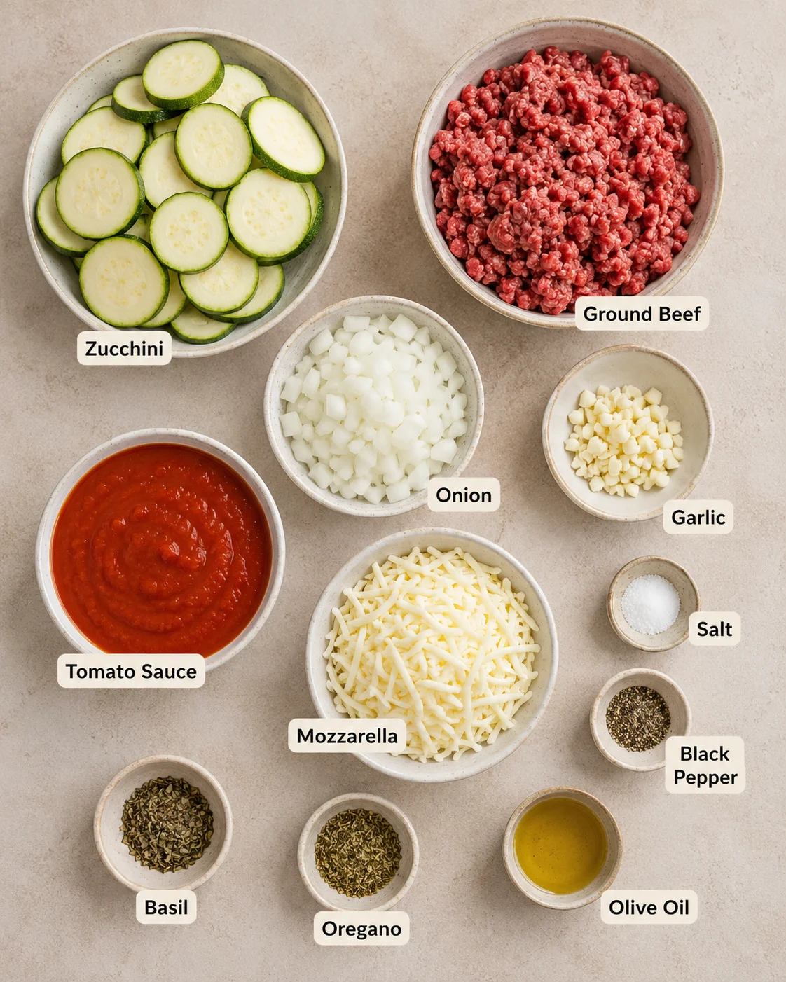 Bowl of sliced zucchini, ground beef, onions, cheese, and sauce ingredients ready for cooking.