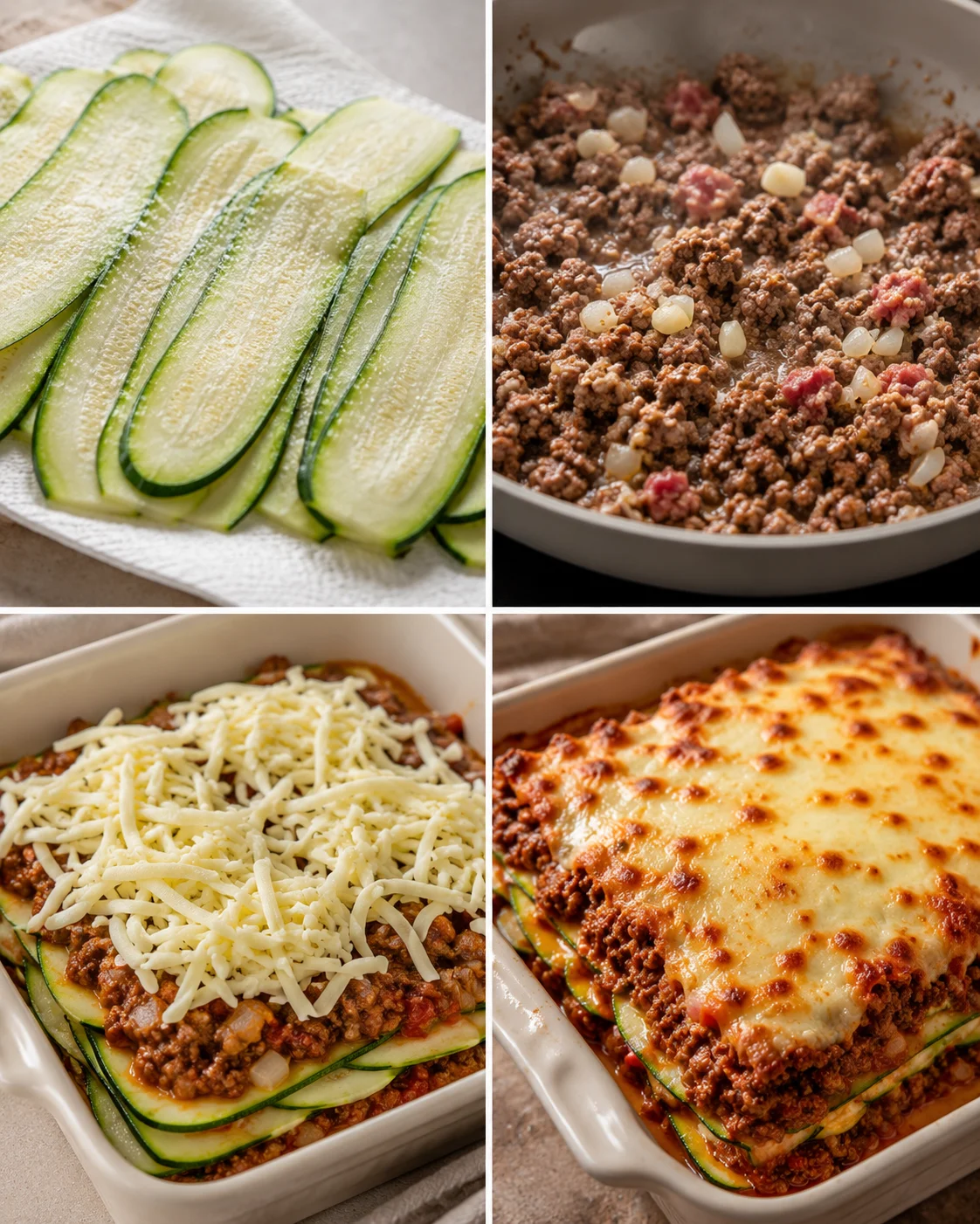 Layered zucchini slices, seasoned ground beef, and melted cheese in a baking dish.